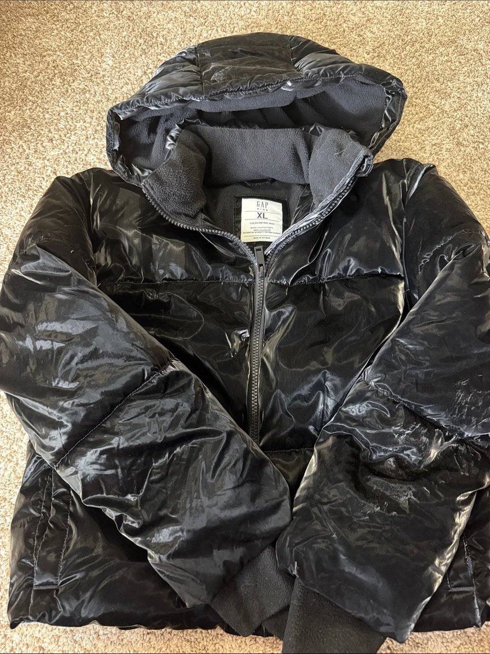 GAP Black Shiny Quilted Hooded Puffer Jacket